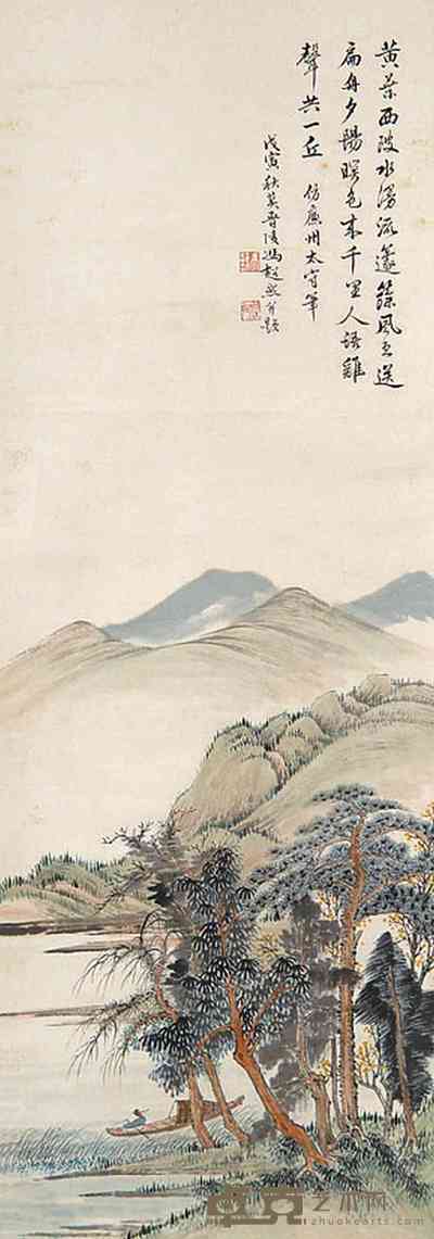 冯超然 山水人物 立轴 93×33cm